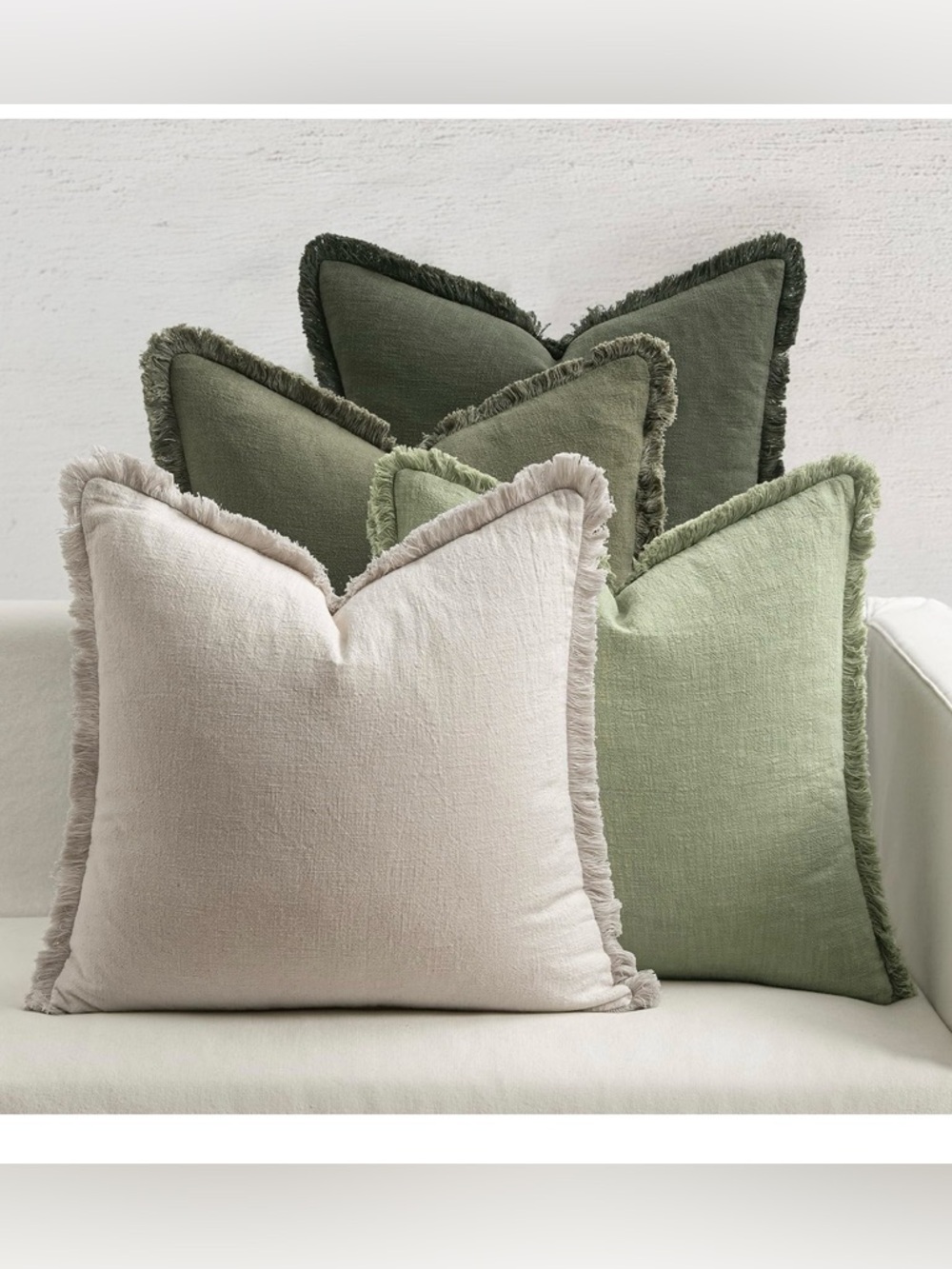 Fringe Trim 18x18 pillow covers in linen, Neutral/Sage - Set of 8